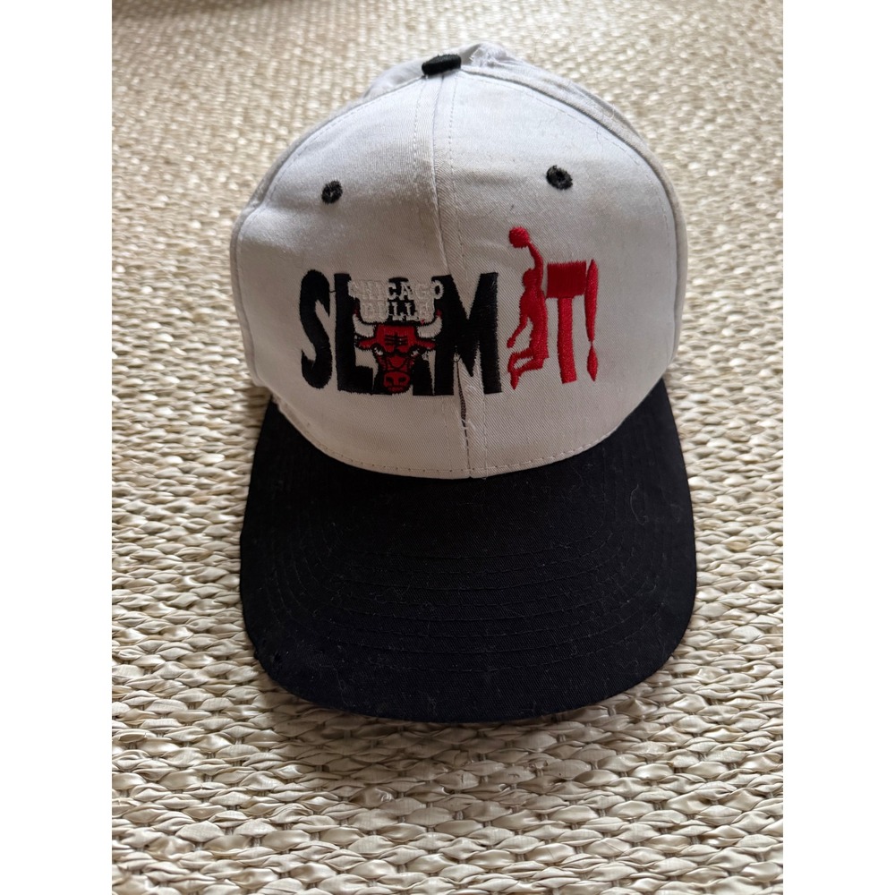 Vintage Chicago Bulls Slam It Snapback Hat NBA Nissin Cap White Black 90s Mens